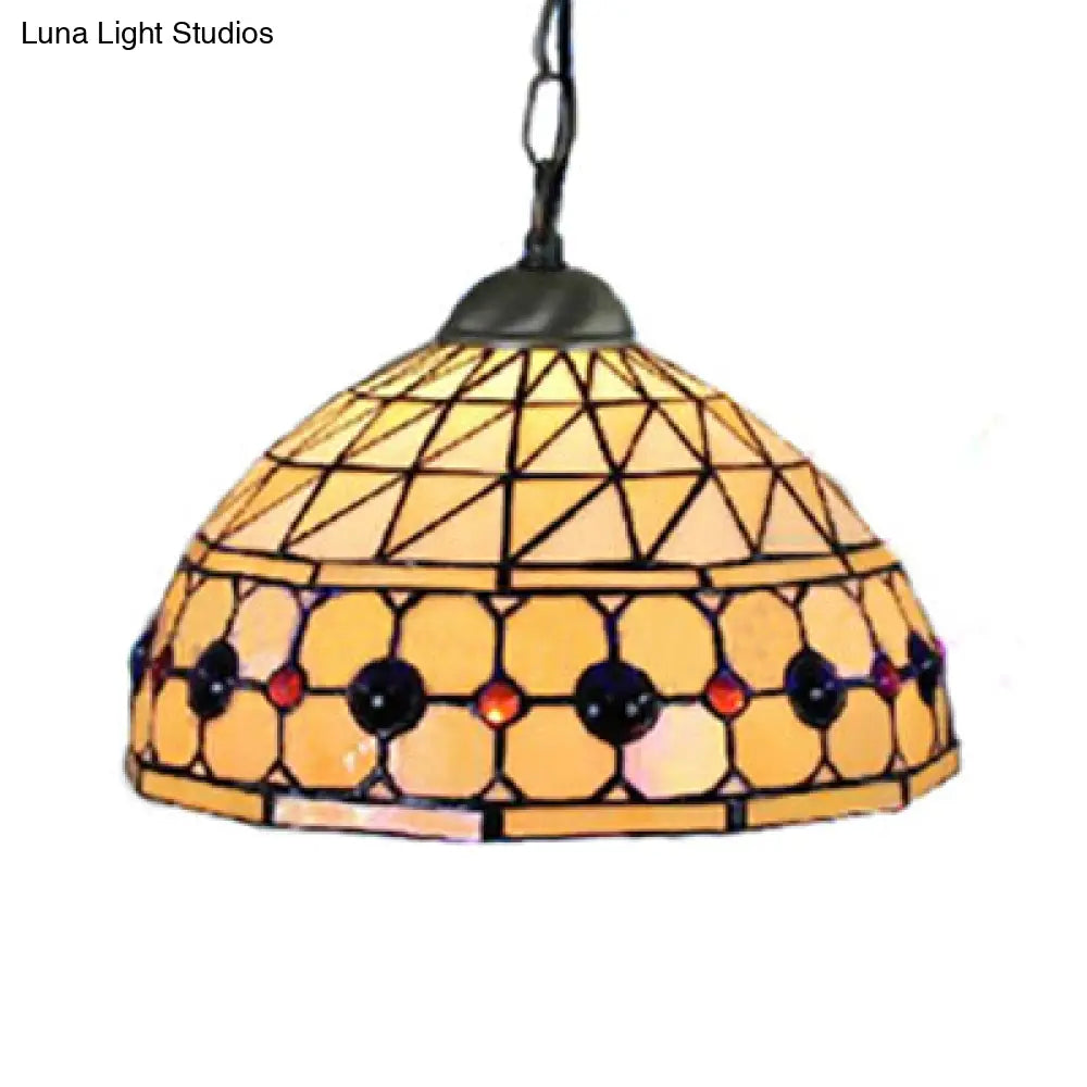 Tiffany Jeweled Pendant Lamp: Circle/Gem Pattern Stained Glass Shade Chain Included Ideal For