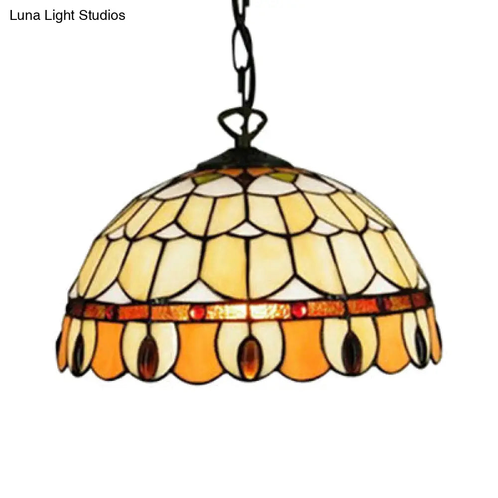 Tiffany Jeweled Pendant Lamp: Circle/Gem Pattern Stained Glass Shade Chain Included Ideal For