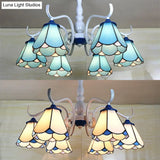 Tiffany Lodge Ceiling Light: Conical Semi Flush With Stained Glass In White/Blue (6 Lights)