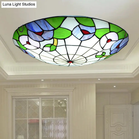 Tiffany Morning Glory Stained Glass Flush Mount Ceiling Light - Green
