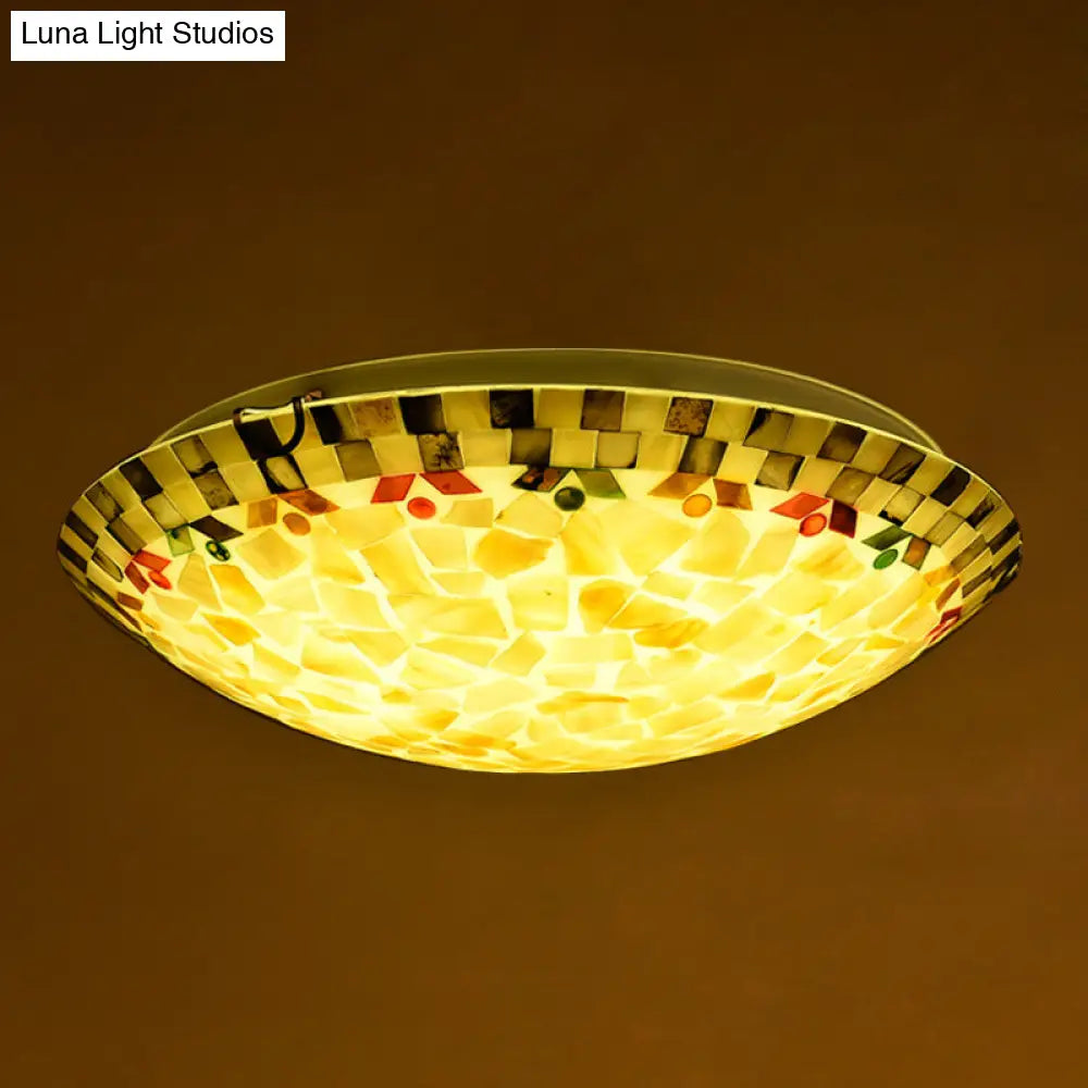 Tiffany Mosaic Glass Flush Mount Lamp - Beige Bowl Ceiling Light For Bedroom