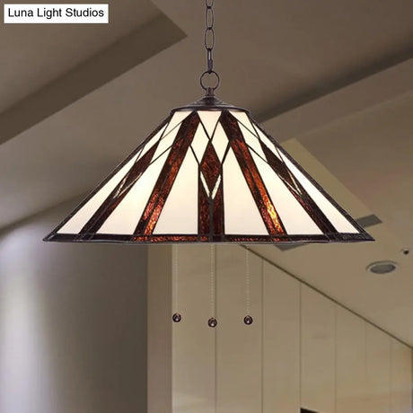Tiffany Multicolored Stained Glass Pendant Light With White Single Bulb – 16’/19.5’ W Tapered