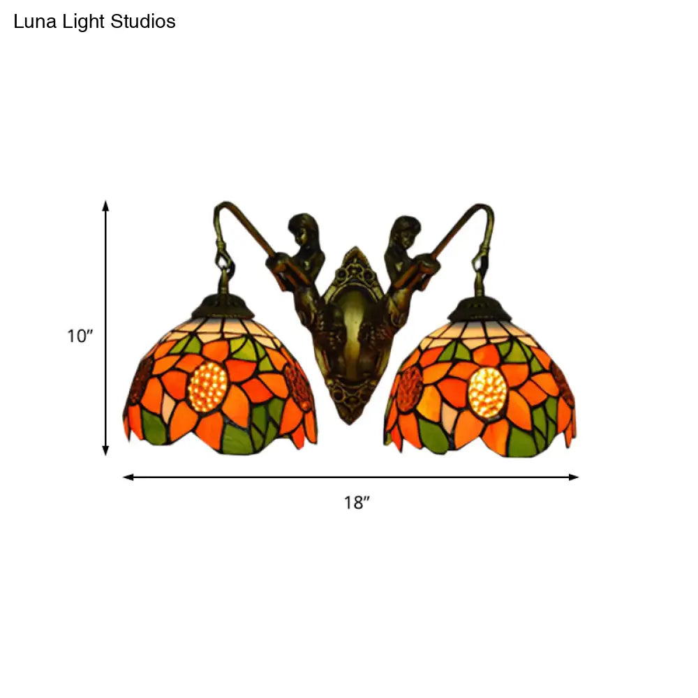 Tiffany Orange Glass Sunflower Wall Lamp With 2 Heads - Bronze Sconce Light For Bedroom