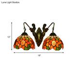 Tiffany Orange Glass Sunflower Wall Lamp With 2 Heads - Bronze Sconce Light For Bedroom
