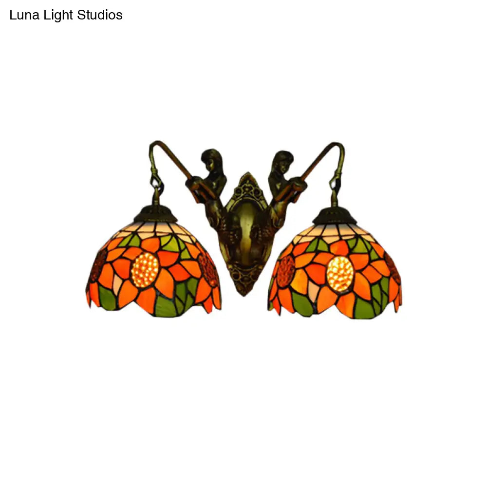 Tiffany Orange Glass Sunflower Wall Lamp With 2 Heads - Bronze Sconce Light For Bedroom