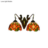 Tiffany Orange Glass Sunflower Wall Lamp With 2 Heads - Bronze Sconce Light For Bedroom