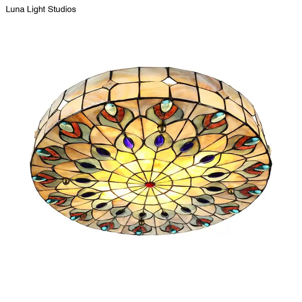 Tiffany Peacock Pattern Drum Flushmount Ceiling Lights 4-Light Bedroom Lighting With Art Glass Shade
