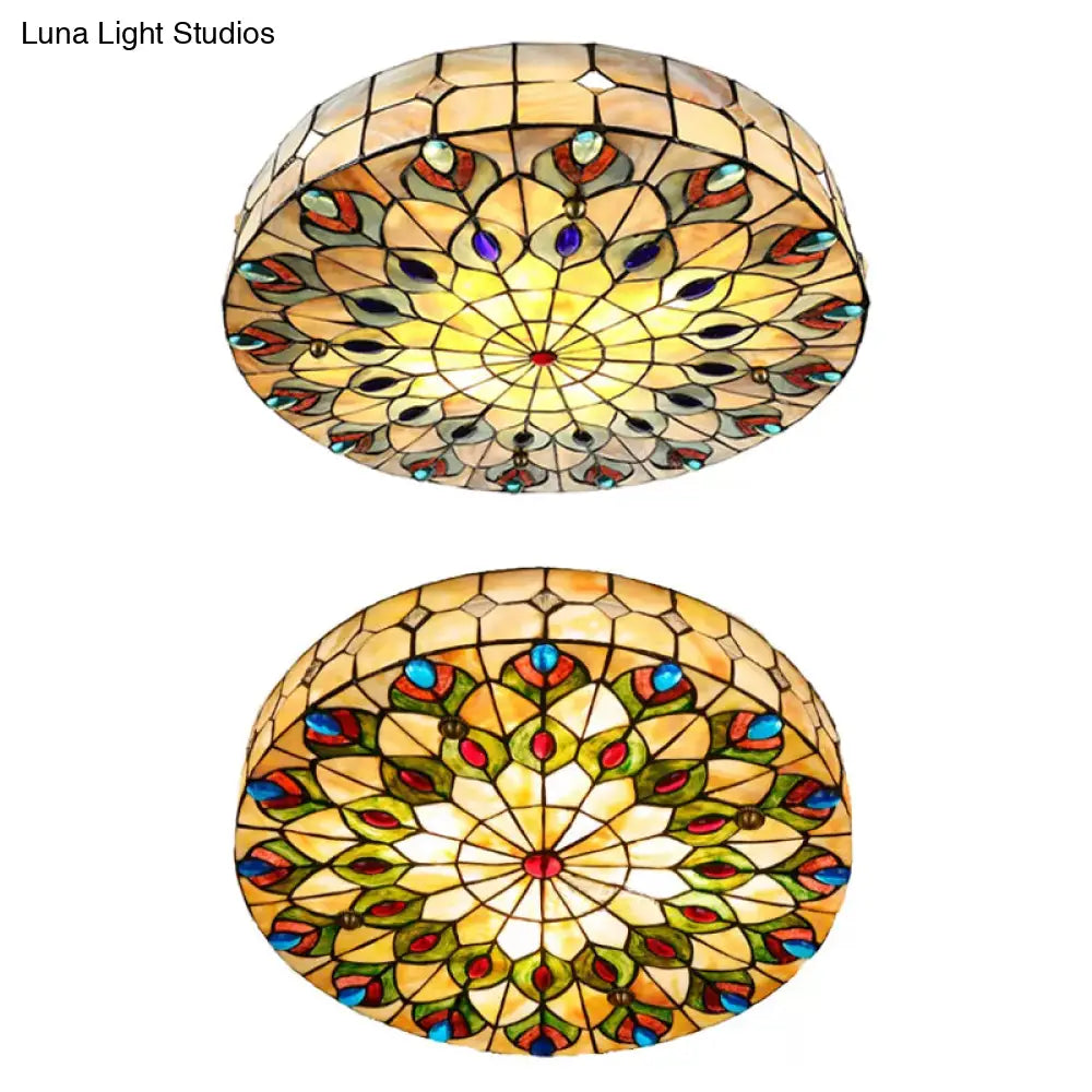 Tiffany Peacock Pattern Drum Flushmount Ceiling Lights 4-Light Bedroom Lighting With Art Glass Shade