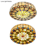 Tiffany Peacock Pattern Drum Flushmount Ceiling Lights 4-Light Bedroom Lighting With Art Glass Shade