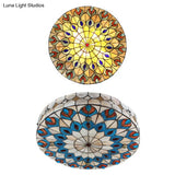 Tiffany Peacock Pattern Drum Flushmount Ceiling Lights 4-Light Bedroom Lighting With Art Glass Shade