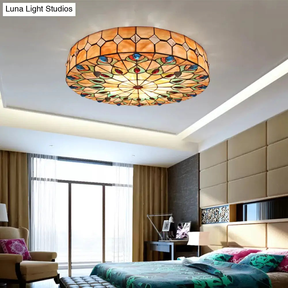 Tiffany Peacock Pattern Drum Flushmount Ceiling Lights 4-Light Bedroom Lighting With Art Glass Shade