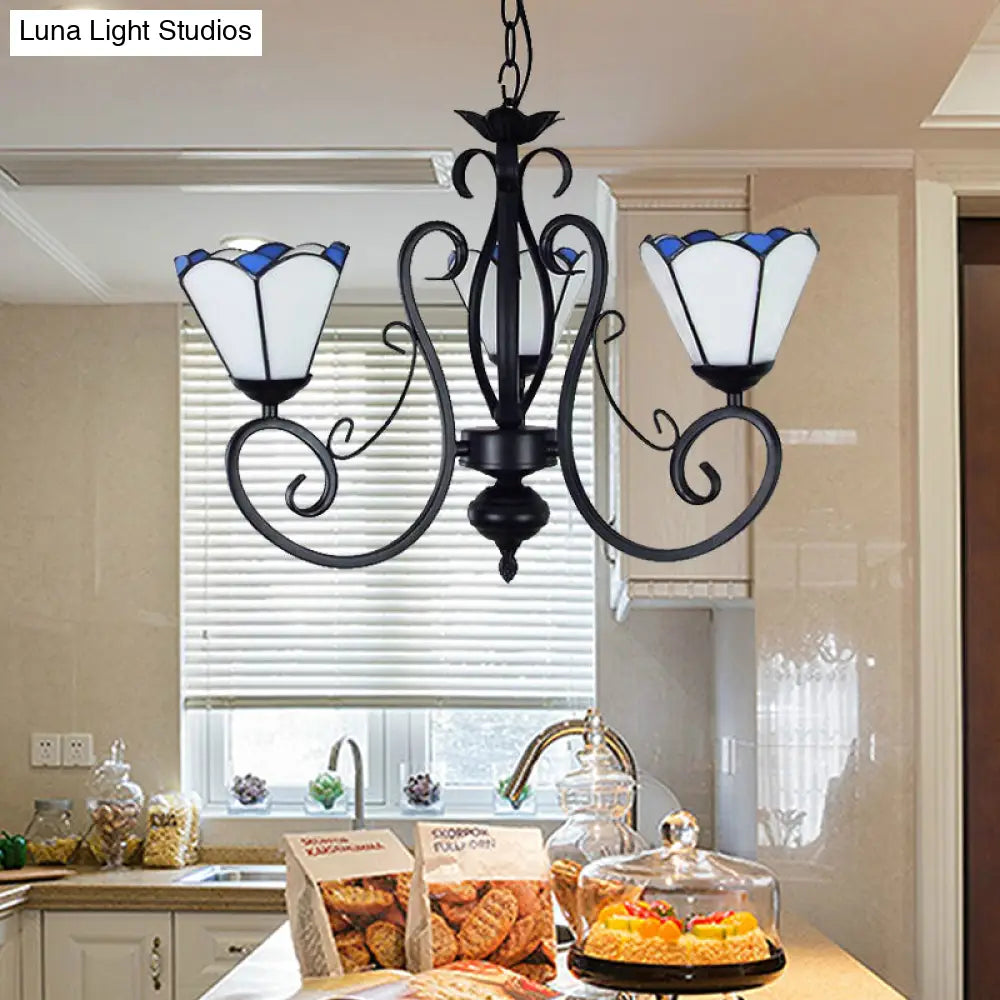 Tiffany Pendant Light With Adjustable Chain And 3 White Glass Cone Shades