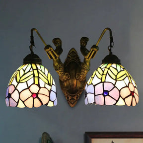 Tiffany Peony Sconce Light Fixture - Stained Glass Wall Mounted With 2 Brass Heads