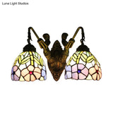 Tiffany Peony Sconce Light Fixture - Stained Glass Wall Mounted With 2 Brass Heads
