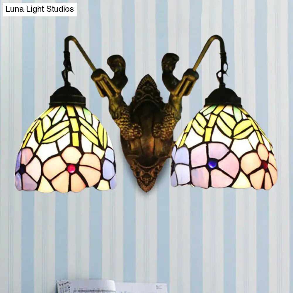 Tiffany Peony Sconce Light Fixture - Stained Glass Wall Mounted With 2 Brass Heads