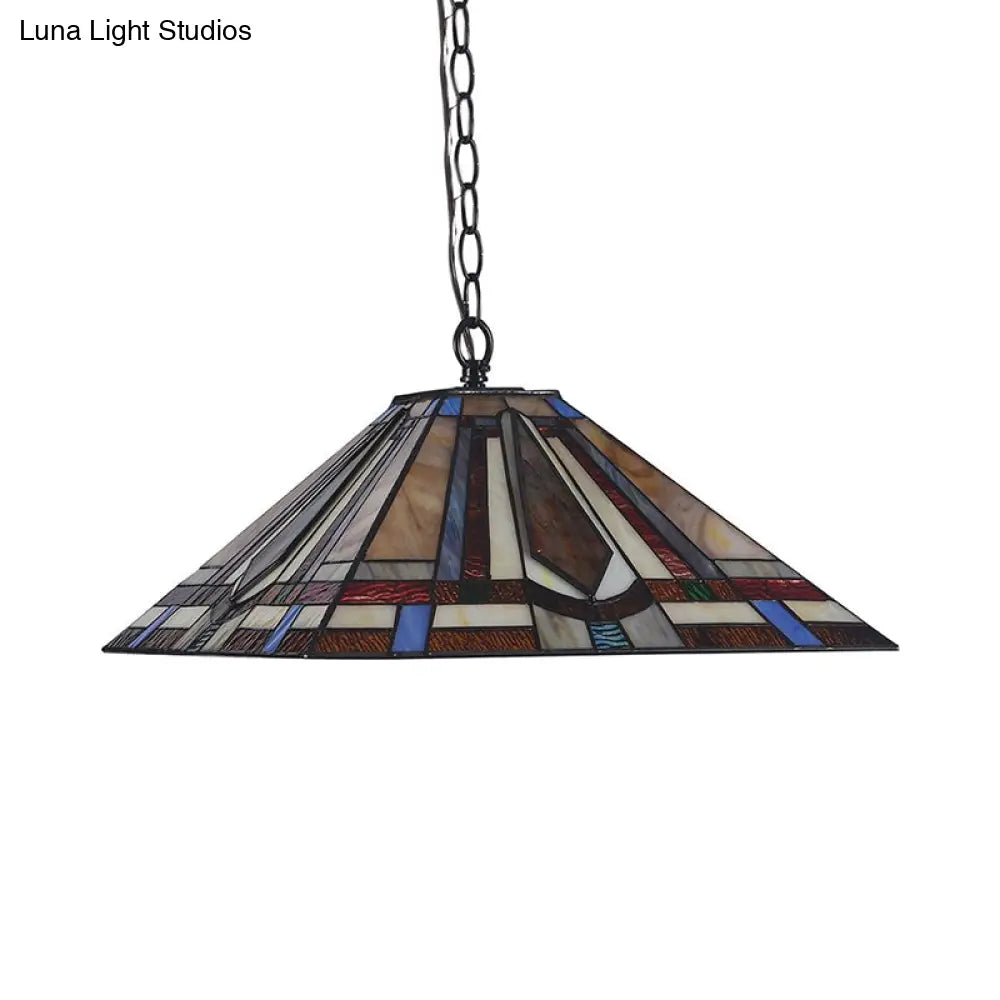 Tiffany Rhombus/Shell Ceiling Lamp - Brown Stained Art Glass Pendant Light For Dining Room
