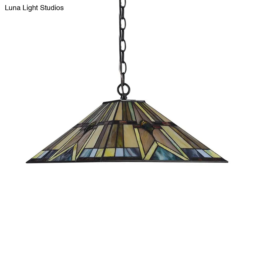 Tiffany Rhombus/Shell Ceiling Lamp - Brown Stained Art Glass Pendant Light For Dining Room
