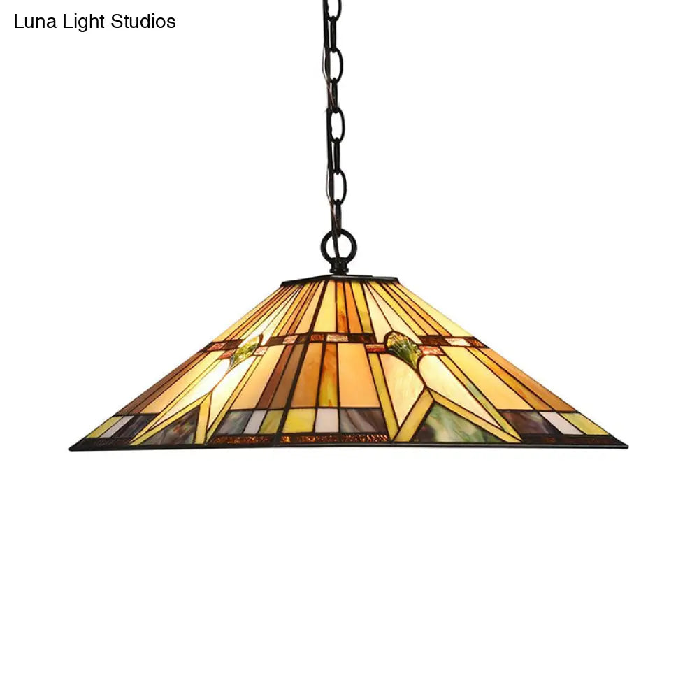 Tiffany Rhombus/Shell Ceiling Lamp - Brown Stained Art Glass Pendant Light For Dining Room