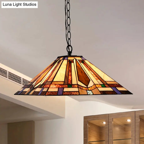 Tiffany Rhombus/Shell Ceiling Lamp - Brown Stained Art Glass Pendant Light For Dining Room