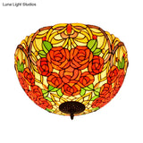 Tiffany Rose/Grape Flush Mount Lamp - Bronze Finish Stained Glass 5 Bulbs Close To Ceiling Lighting