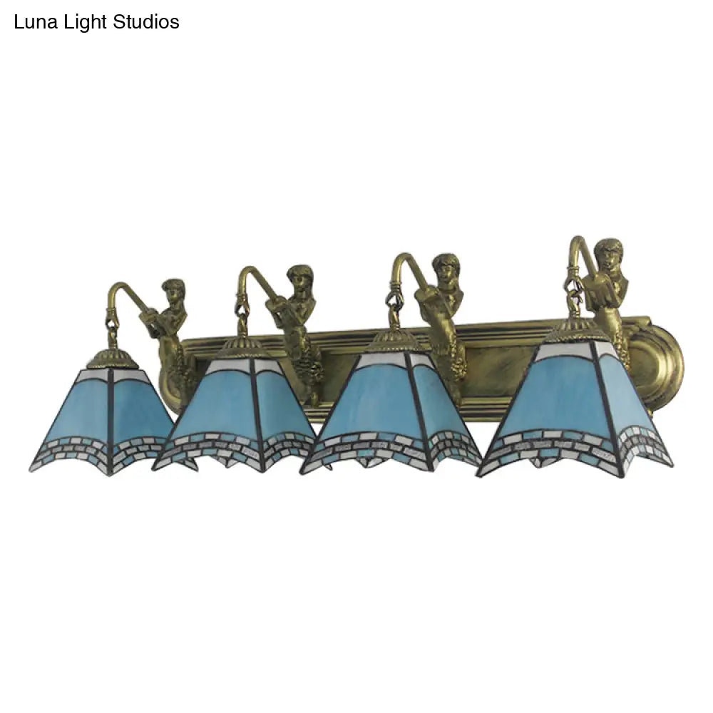 Tiffany Sconce Light Fixture - Trpezoid Wall Mount 4 Heads Dark Blue/Light Blue Glass