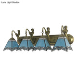 Tiffany Sconce Light Fixture - Trpezoid Wall Mount 4 Heads Dark Blue/Light Blue Glass