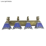 Tiffany Sconce Light Fixture - Trpezoid Wall Mount 4 Heads Dark Blue/Light Blue Glass