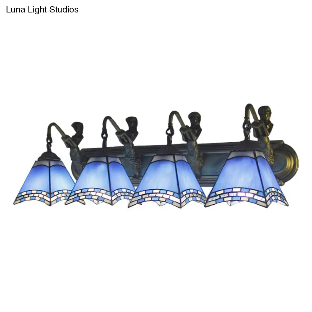 Tiffany Sconce Light Fixture - Trpezoid Wall Mount 4 Heads Dark Blue/Light Blue Glass