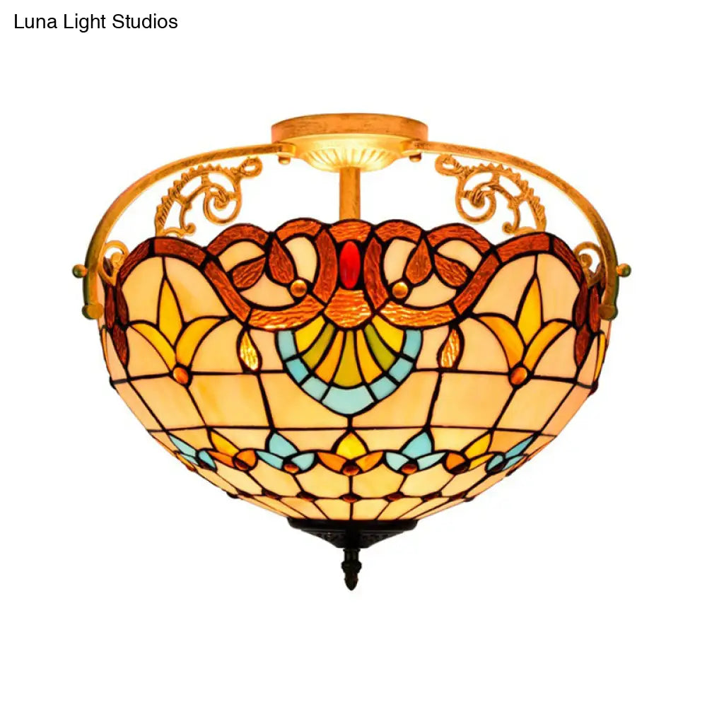 Tiffany Semi - Flush Kitchen Ceiling Light - 3 - Light Fixture With Stained Glass Bowl Shade