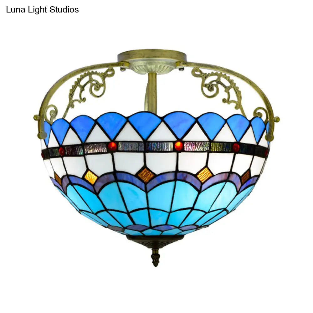 Tiffany Semi - Flush Kitchen Ceiling Light - 3 - Light Fixture With Stained Glass Bowl Shade