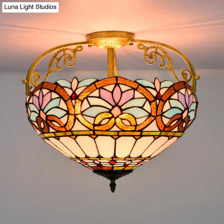 Tiffany Semi - Flush Kitchen Ceiling Light - 3 - Light Fixture With Stained Glass Bowl Shade