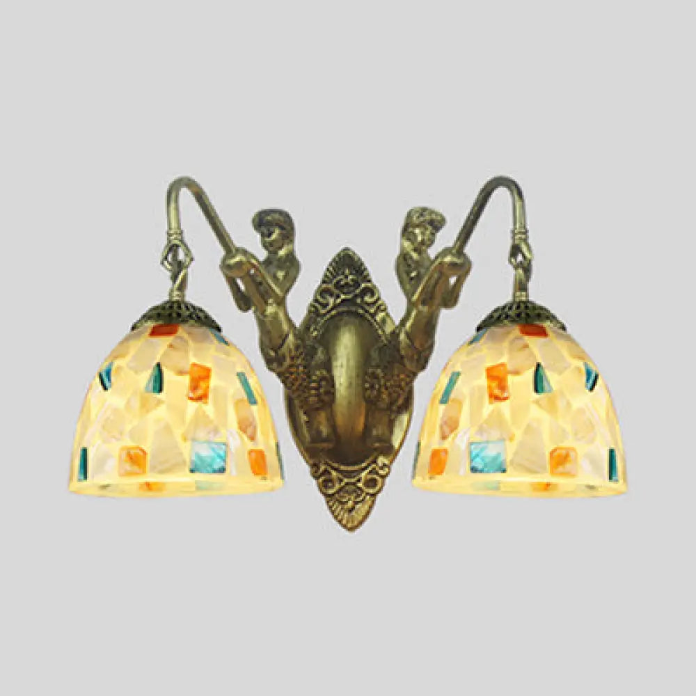 Tiffany Shell Mosaic Wall Mount Light Fixture With Mermaid Decoration - Beige/White-Yellow/Blue