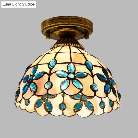 Tiffany Single - Bulb Shell Bowl Ceiling Lamp - Handmade Blue/Light Blue/Beige Flush Mount With Gem