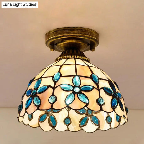Tiffany Single - Bulb Shell Bowl Ceiling Lamp - Handmade Blue/Light Blue/Beige Flush Mount With Gem