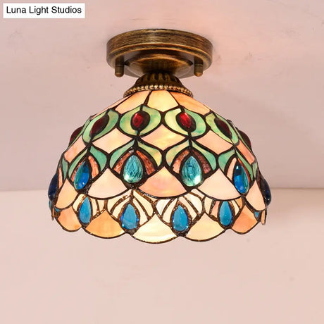 Tiffany Single - Bulb Shell Bowl Ceiling Lamp - Handmade Blue/Light Blue/Beige Flush Mount With Gem