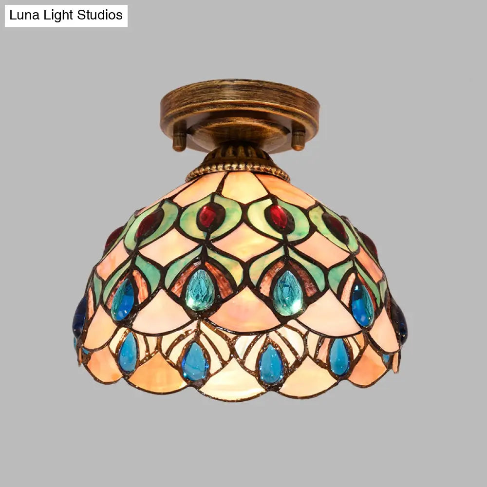 Tiffany Single - Bulb Shell Bowl Ceiling Lamp - Handmade Blue/Light Blue/Beige Flush Mount With Gem