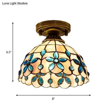 Tiffany Single - Bulb Shell Bowl Ceiling Lamp - Handmade Blue/Light Blue/Beige Flush Mount With Gem