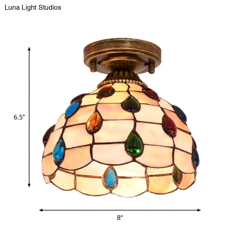 Tiffany Single - Bulb Shell Bowl Ceiling Lamp - Handmade Blue/Light Blue/Beige Flush Mount With Gem