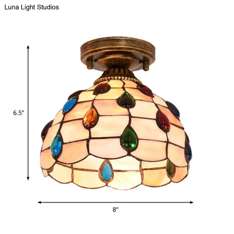 Tiffany Single - Bulb Shell Bowl Ceiling Lamp - Handmade Blue/Light Blue/Beige Flush Mount With Gem