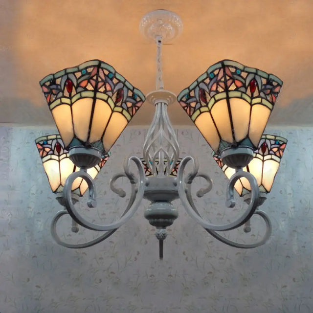 Tiffany Stained Glass 5-Light Pyramid Chandelier In Blue And White Blue-White