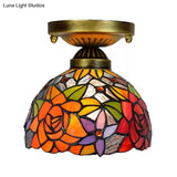 Tiffany Stained Glass Bedroom Ceiling Light: Antique Brass Semi-Flush Mount With Floral Shade