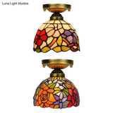 Tiffany Stained Glass Bedroom Ceiling Light: Antique Brass Semi-Flush Mount With Floral Shade