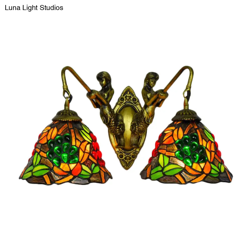 Tiffany Stained Glass Bell Sconce Light Fixture - Red Yellow Green 2 Heads Wall Mount Bedroom