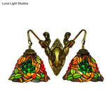 Tiffany Stained Glass Bell Sconce Light Fixture - Red Yellow Green 2 Heads Wall Mount Bedroom