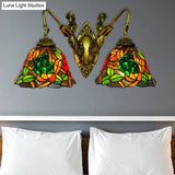 Tiffany Stained Glass Bell Sconce Light Fixture - Red Yellow Green 2 Heads Wall Mount Bedroom