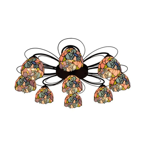 Tiffany Stained Glass Bowl Ceiling Light Fixture - Red/Orange/Green Semi Flush Mount 3/7/9 Heads 9