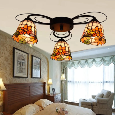 Tiffany Stained Glass Bowl Ceiling Light Fixture - Red/Orange/Green Semi Flush Mount 3/7/9 Heads 3