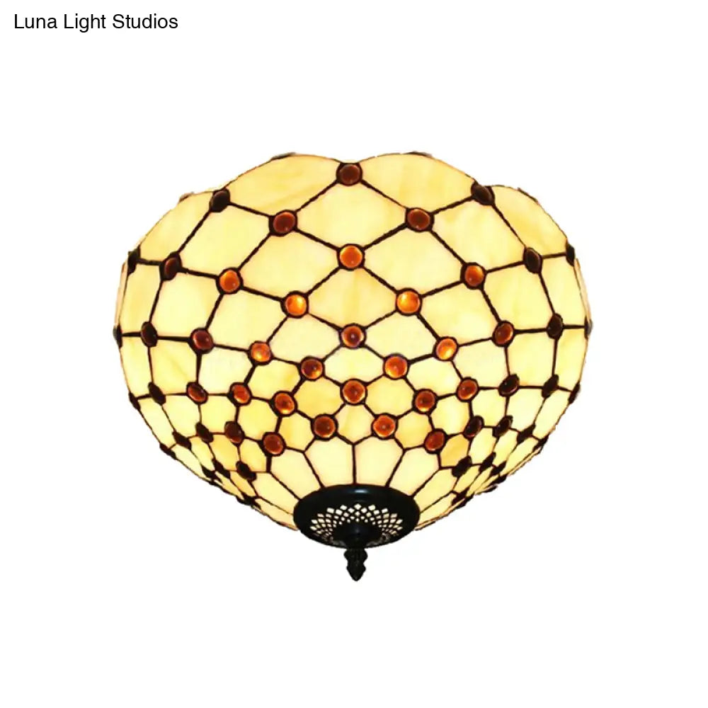 Tiffany Stained Glass Bowl-Shaped Flushmount Ceiling Light - Beige/Black 1/2 Lights