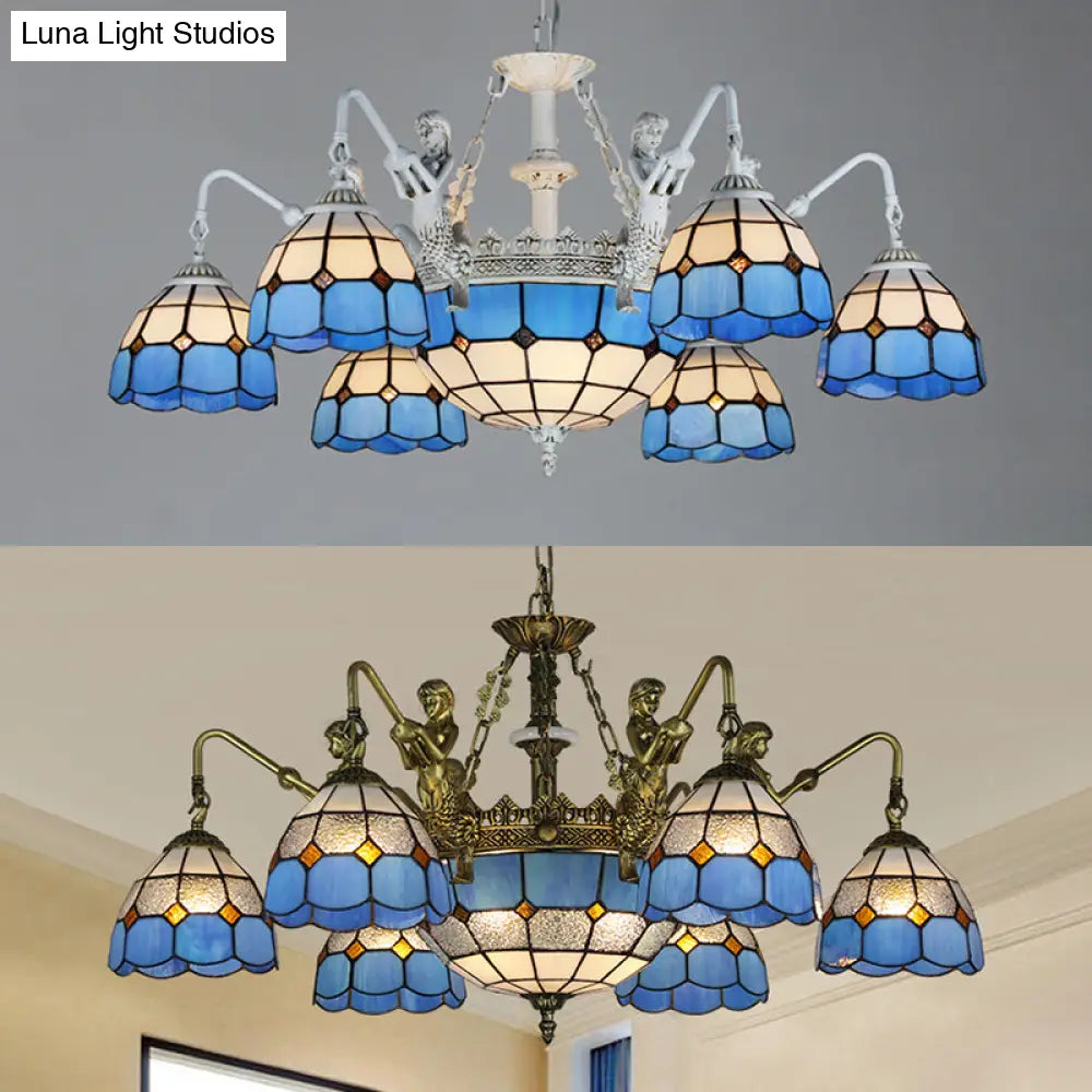 Tiffany Stained Glass Ceiling Chandelier With 9 Lights In Antique Brass/White Grid Pattern