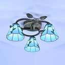 Tiffany Stained Glass Ceiling Light Fixture: Conic Shape Beige/Blue With Leaf Decoration - 3 Lights